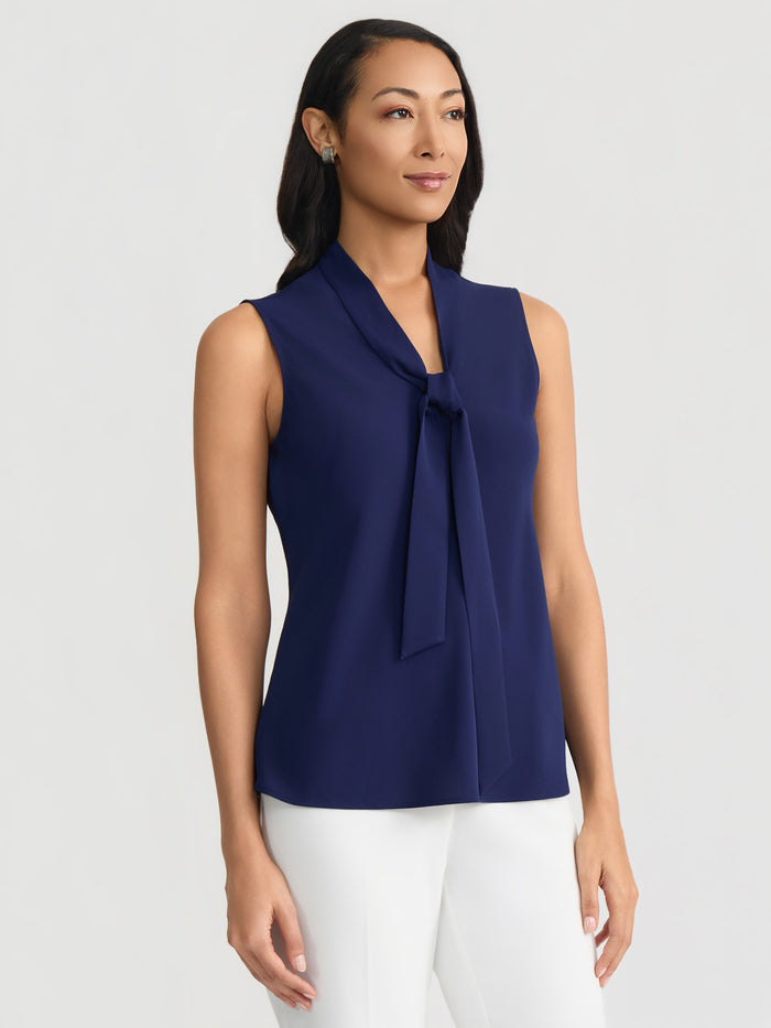 Tie Neck Sleeveless Blouse, Kasper Navy | Kasper
