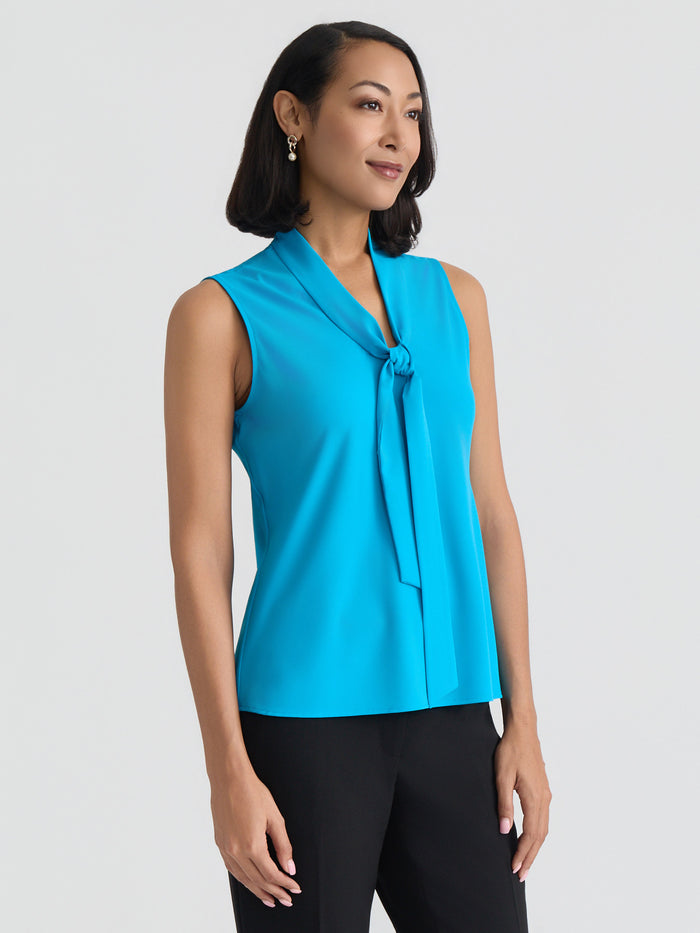 Tie Neck Sleeveless Blouse, Bright Azul | Kasper