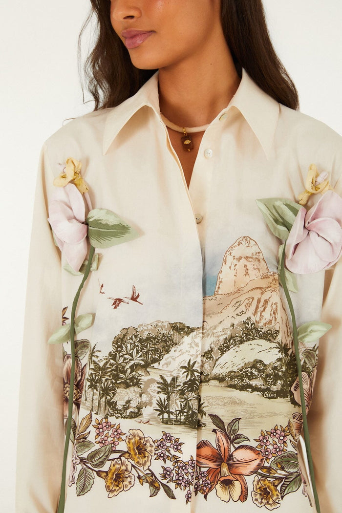 FARM Rio model wearing the Toile De Rio Off-White Long Sleeve Shirt