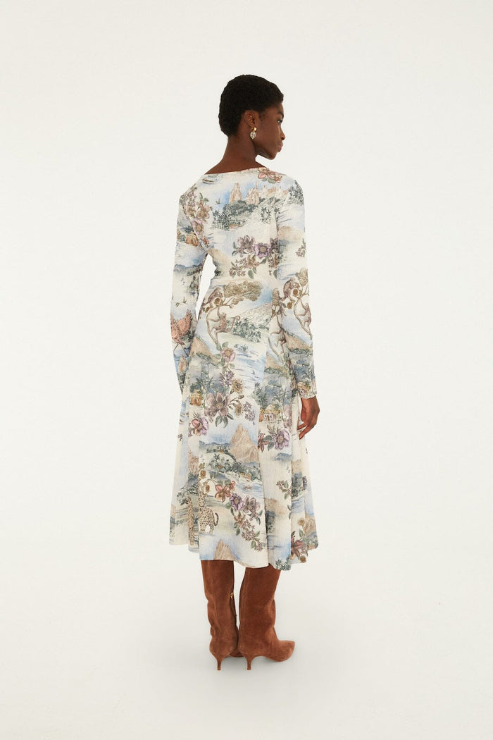 FARM Rio model wearing the Toile De Rio Winter White Textured Jersey Midi Dre
