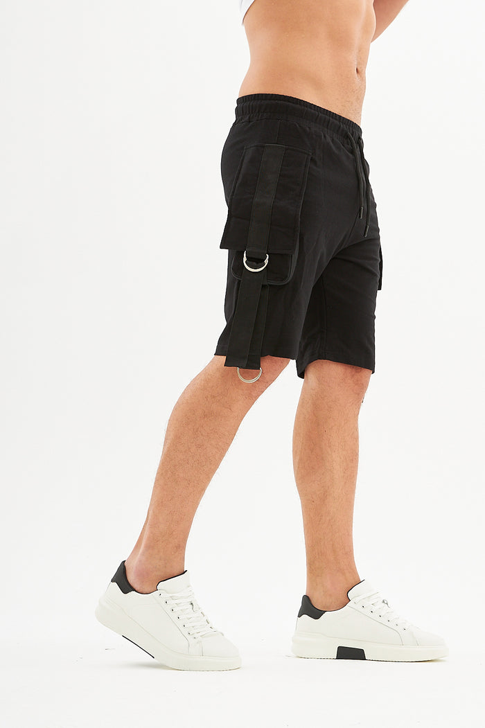 Men's Tommy black streetwear denim shorts by Carbon Jeans with cargo pockets, D-ring straps, and drawstring waist.