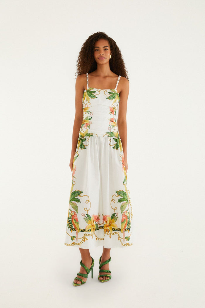 FARM Rio model wearing the Tropical Royalty Off-White Midi Dress Sleeveless