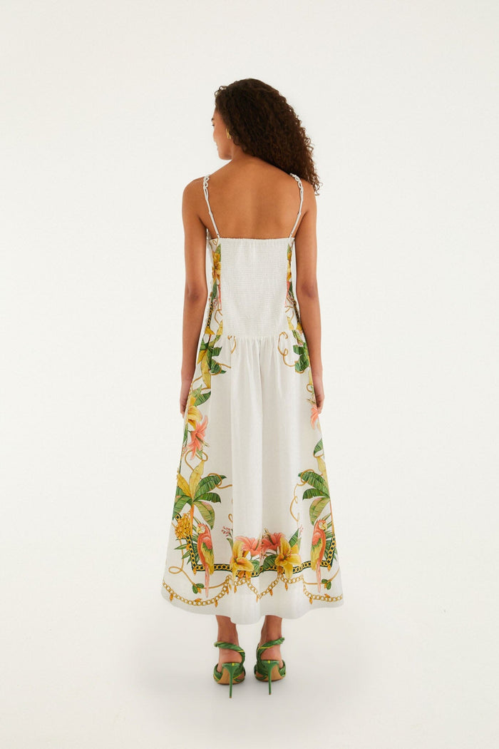 FARM Rio model wearing the Tropical Royalty Off-White Midi Dress Sleeveless