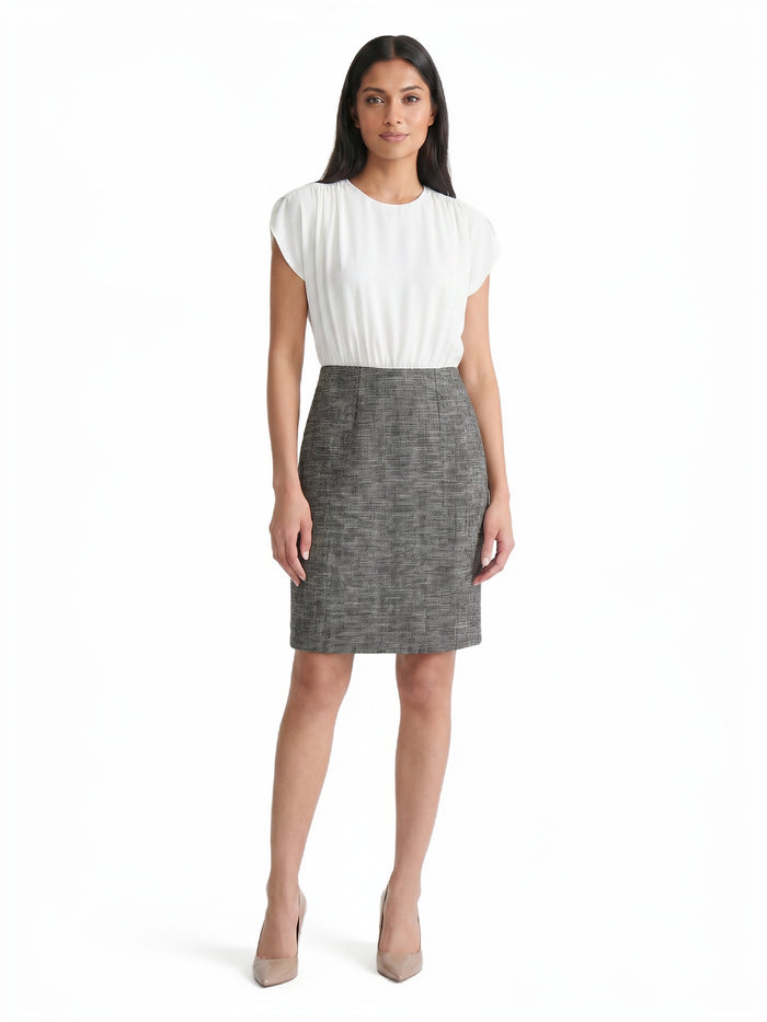 Petite Tulip Sleeve Sheath Mixed-Media Dress, Vanilla Ice/Black | Kasper