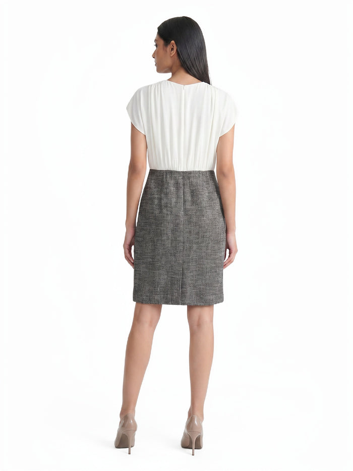 Petite Tulip Sleeve Sheath Mixed-Media Dress, Vanilla Ice/Black | Kasper