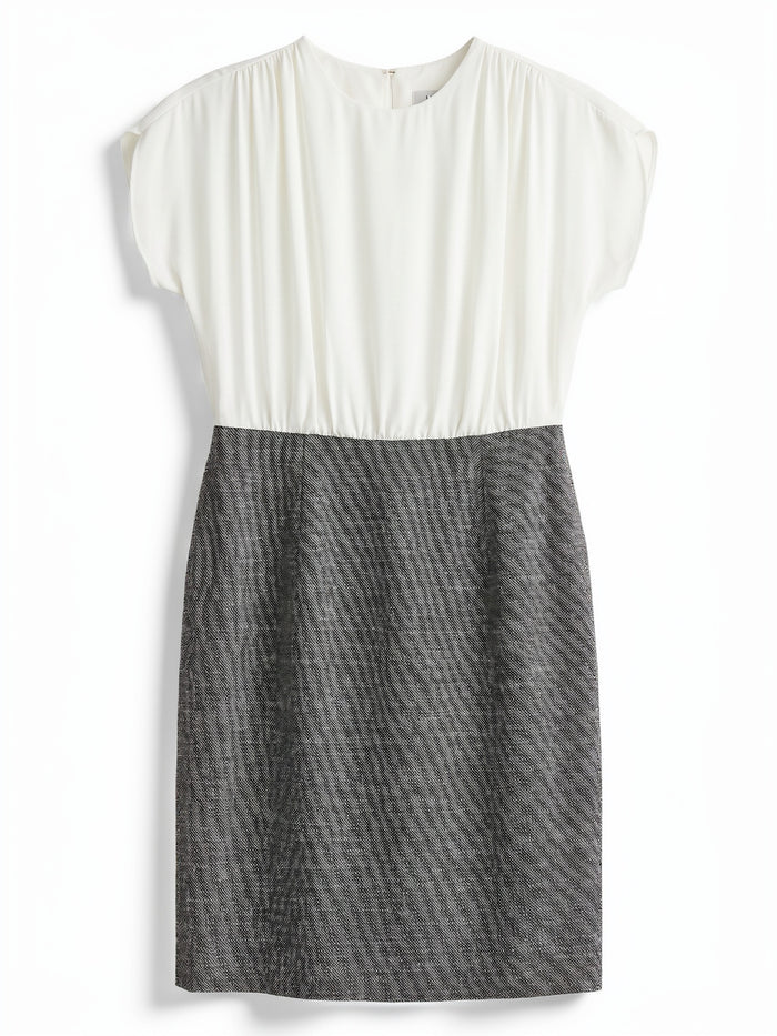 Petite Tulip Sleeve Sheath Mixed-Media Dress, Vanilla Ice/Black | Kasper