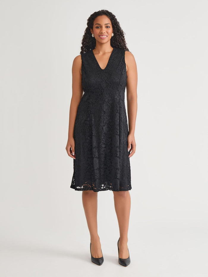 V-Neck Fit-and-Flare Dress, Black, Black | Kasper