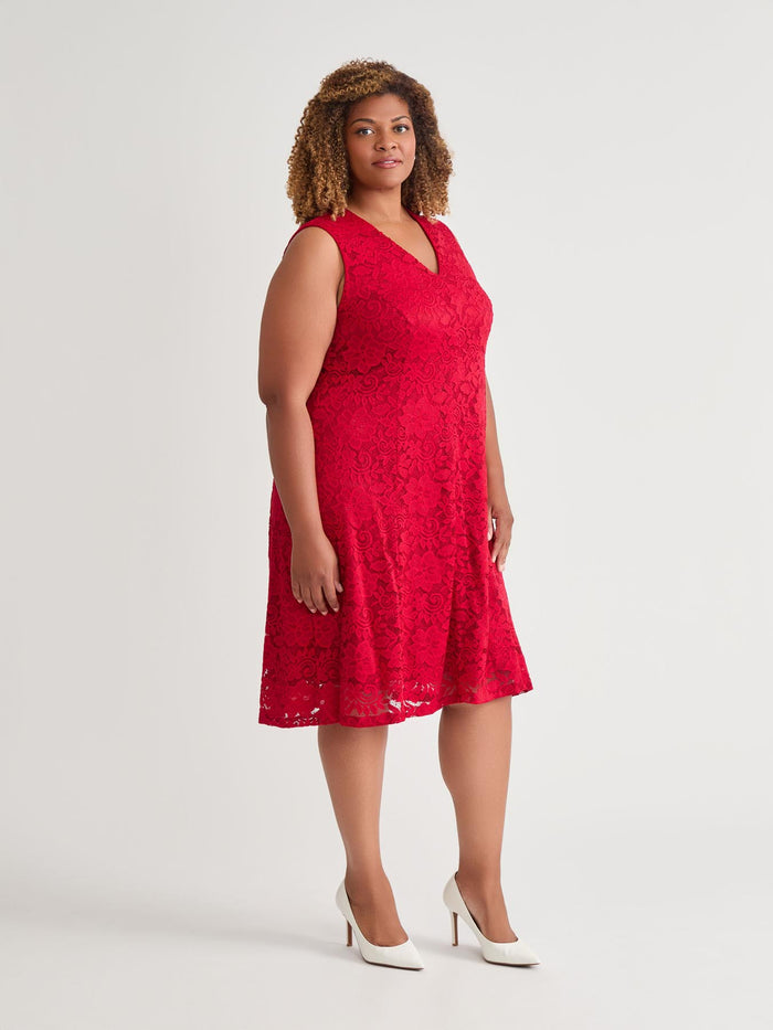 V-Neck Fit-and-Flare Dress, Crimson, Crimson | Kasper