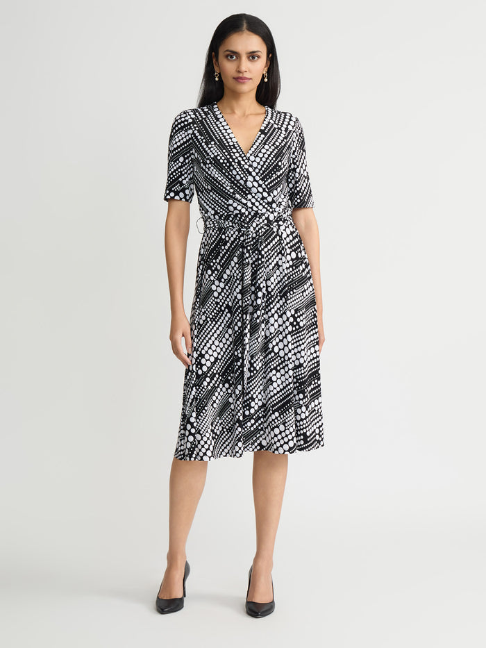 V-Neck Tie Waist Flare Dress, Everyday Knit, Black/Lily White | Kasper