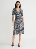 V-Neck Tie Waist Flare Dress, Everyday Knit, Black/Lily White | Kasper