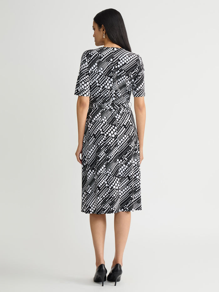 V-Neck Tie Waist Flare Dress, Everyday Knit, Black/Lily White | Kasper