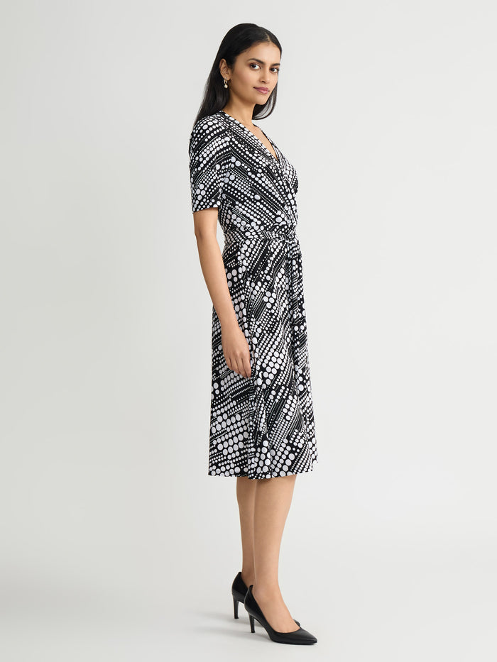 V-Neck Tie Waist Flare Dress, Everyday Knit, Black/Lily White | Kasper