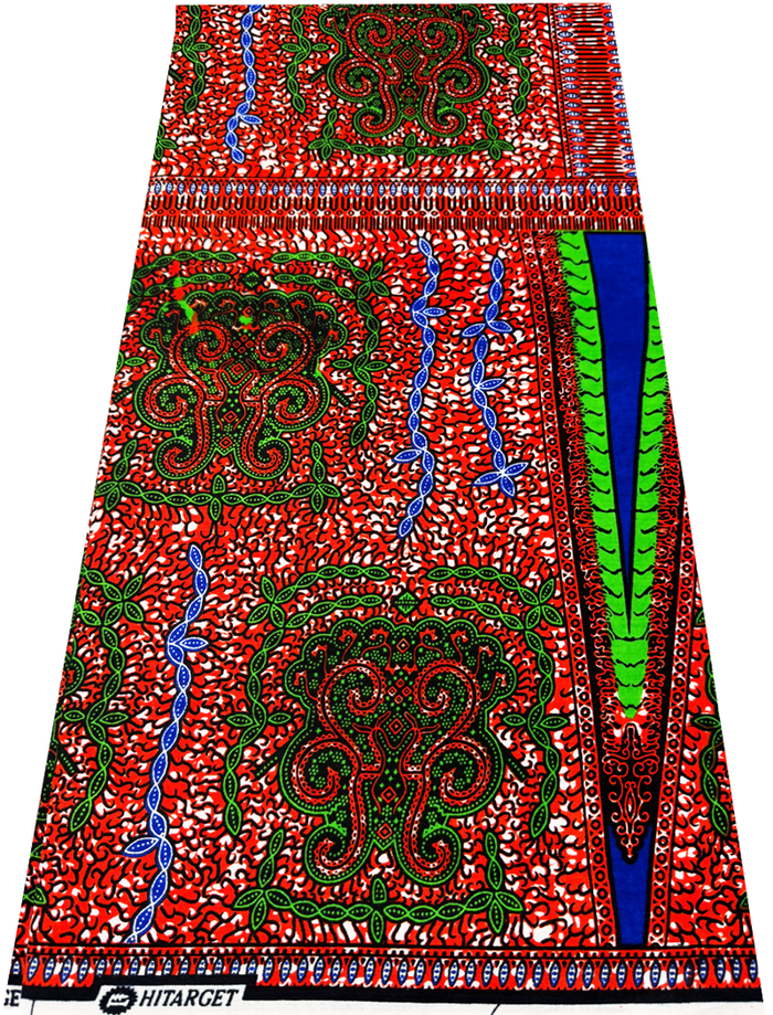 A piece of fabric featuring a turtle back pattern with a vibrant mix of red, blue, white, black, green, and lime-green colors.