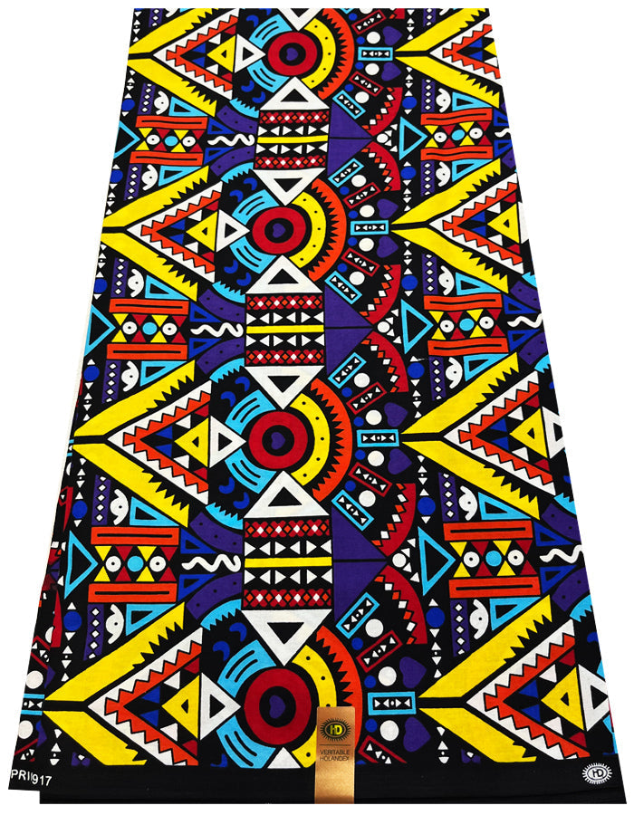 A brightly colored piece of african fabric with geometric patterns in multiple colors.
