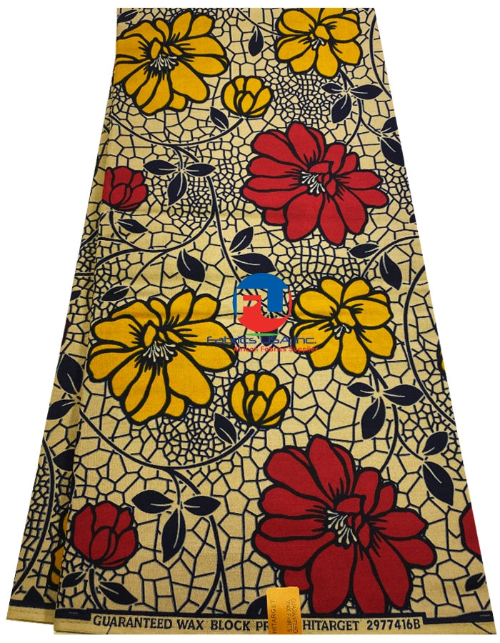 African wax print fabric featuring a vibrant floral pattern with beige, yellow, red, and blue colors on a fabric swatch.