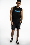 Men's Wayne black denim overalls with distressed short legs and streetwear fit over a black graphic tank top.