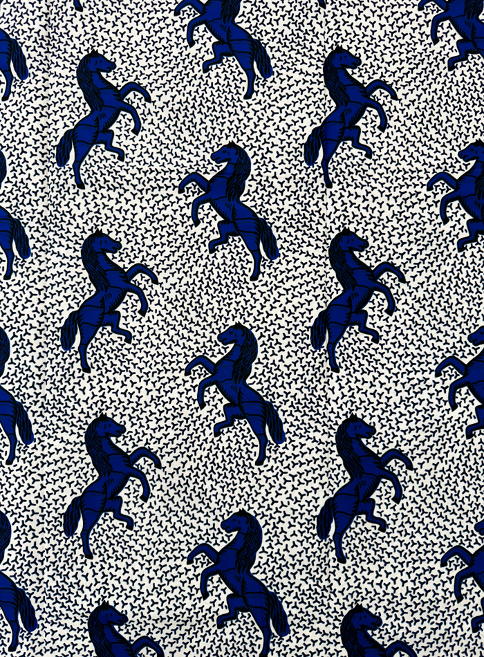 White and Blue Hollandais African Fabric with Jumping Horse Print