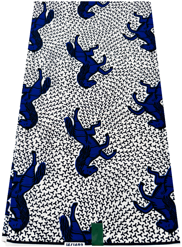 White and Blue Hollandais African Fabric with Jumping Horse Print