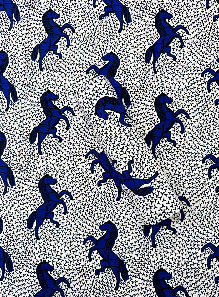 African Fabric Pattern of blue horses on a gray background