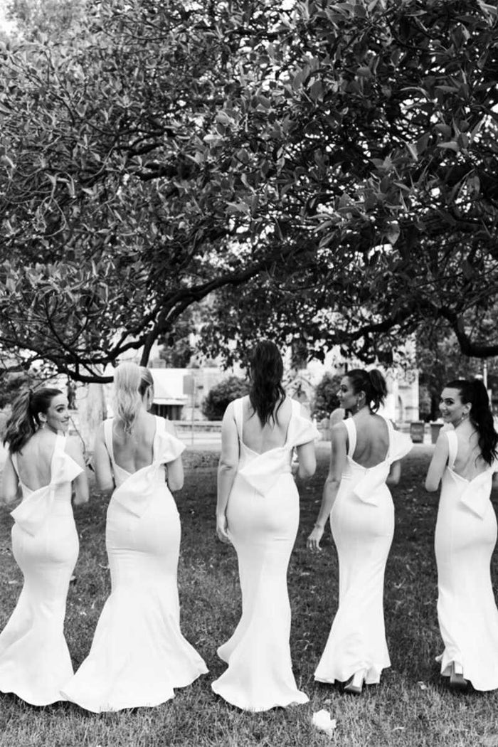 White  Bow-Back Mermaid Long Bridesmaid Dress