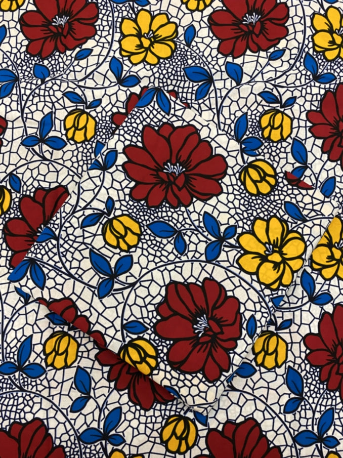 White, Red and Yellow African Print Fabric