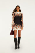 FARM Rio model wearing the Winter Floral Long Sleeve Mini Dress