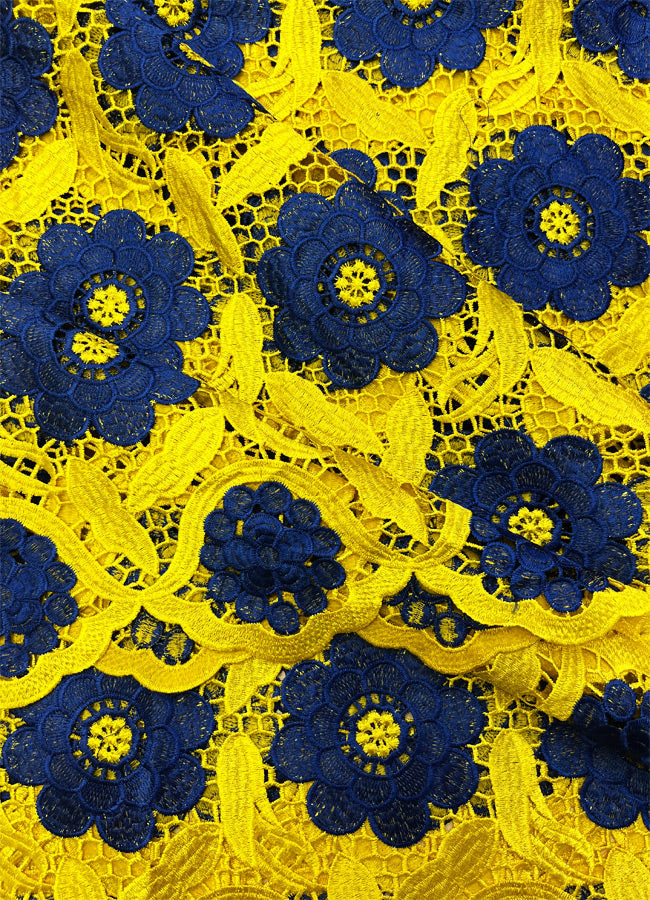 Yellow and Blue African Lace Fabric
