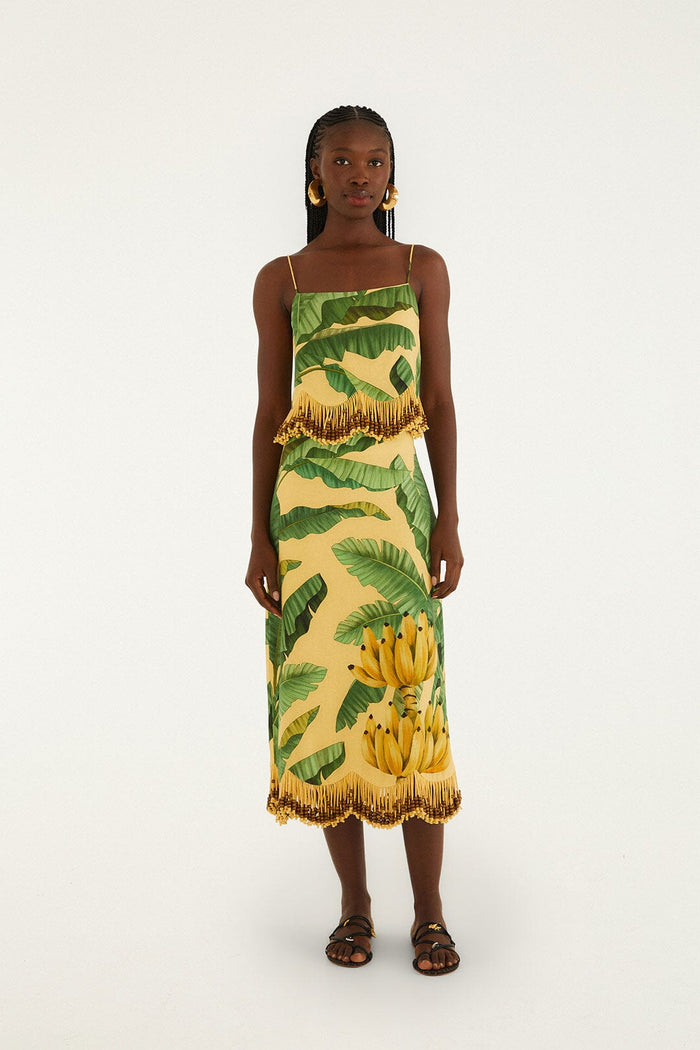FARM Rio model wearing the Yellow Fruit Leaves Banana Beaded Fringes Maxi Skirt