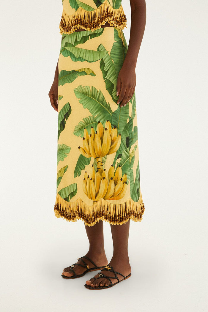 FARM Rio model wearing the Yellow Fruit Leaves Banana Beaded Fringes Maxi Skirt