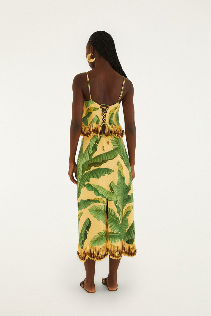 FARM Rio model wearing the Yellow Fruit Leaves Banana Beaded Fringes Maxi Skirt